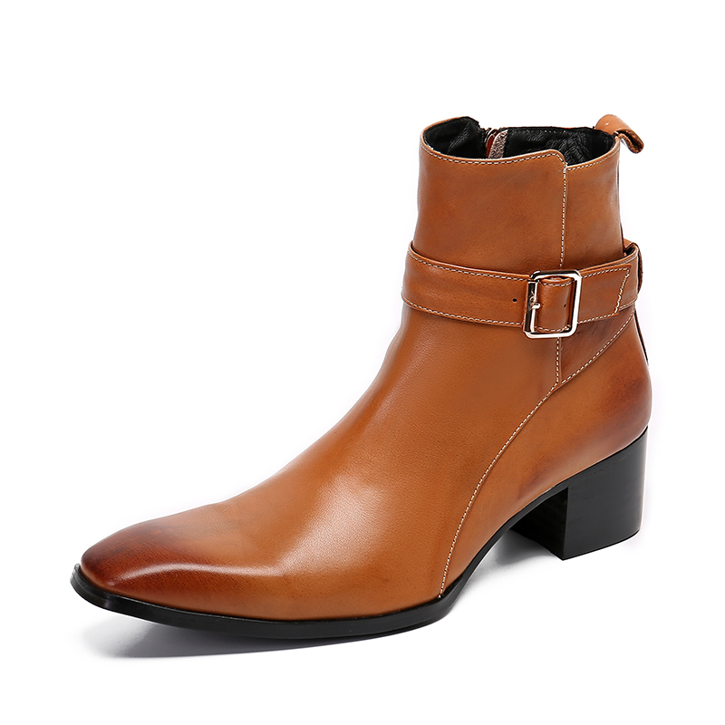 Men Formal Wear With Boots - 冬ブラウンバックル尖ったメンズジッパーアンクルブーツ本革靴ミドルヒールカウボーイオフィス大型ショートブーツ